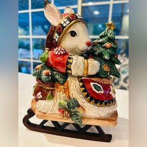 Fitz and Floyd Christmas Lodge Rabbit On A Sleigh With Tree